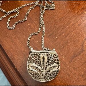 Antique Victorian Filigree Sterling Silver Long Purse Necklace